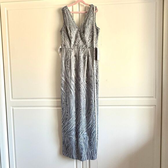 NWT JS Collections embroidered floral and sequin v-neck column gown in silver. S - Picture 11 of 16